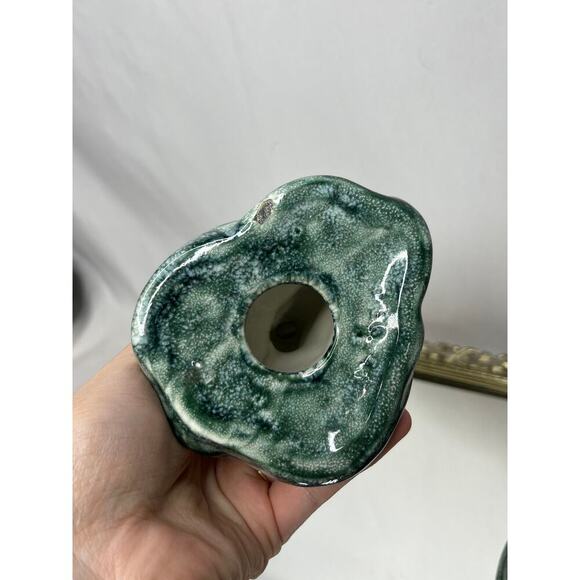 Vintage Pair of Unique Mid century Handmade Green Ceramic Candlestick Holders - Picture 5 of 10